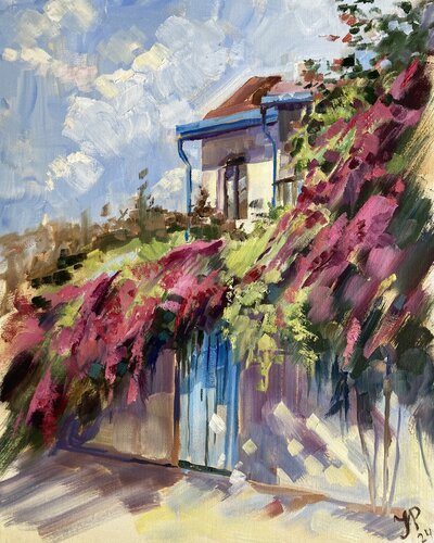 Old Cyprus village Lania in Blooming bougainvillea by Yulia Prykina, Painting for Sale on Select