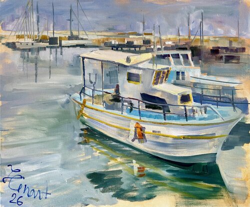 Boats in Zygi Port by Yulia Prykina, Painting for Sale on Select
