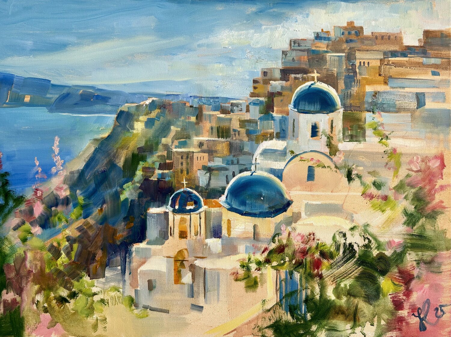 Santorini in sunny day Yulia Prykina Original painting for sale