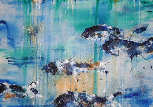 Silver-blue Fishes 1 by Dominique Lenoir, Painting for Sale on Select