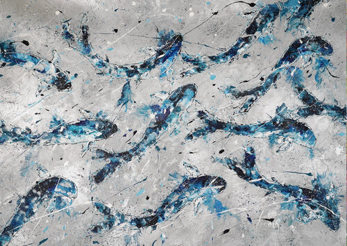 Silver-Blue Fishes 2 by Dominique Lenoir, Painting for Sale on Select