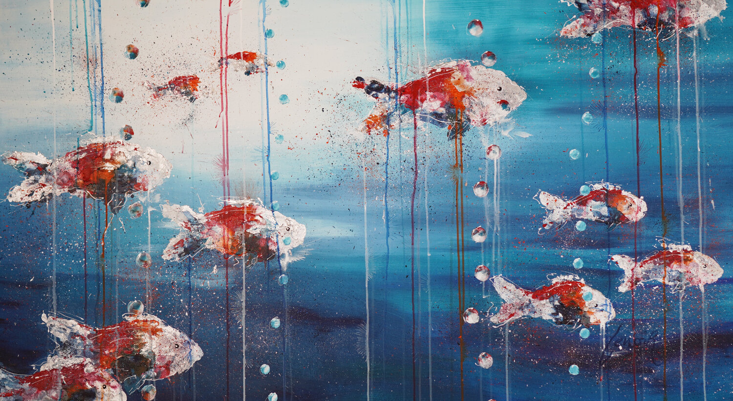 Silver-red Fishes Dominique Lenoir Original painting for sale
