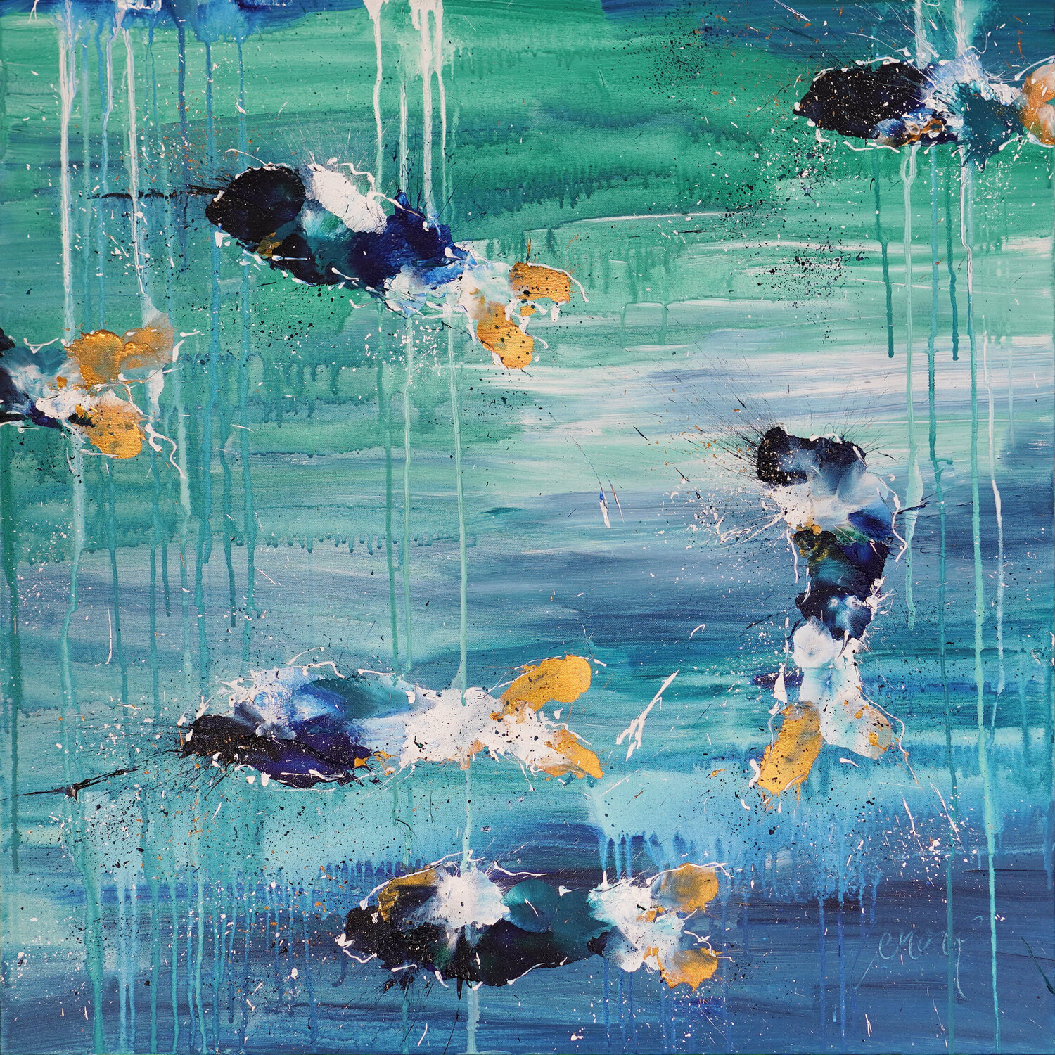 Gold-blue Fishes Dominique Lenoir Original painting for sale
