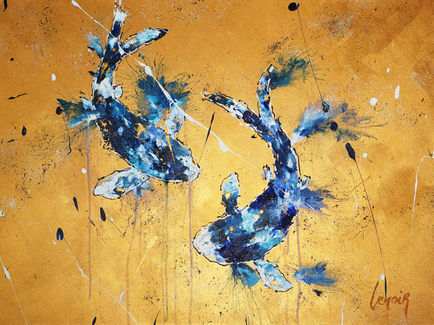 Gold-blue Kois Dominique Lenoir Original painting for sale