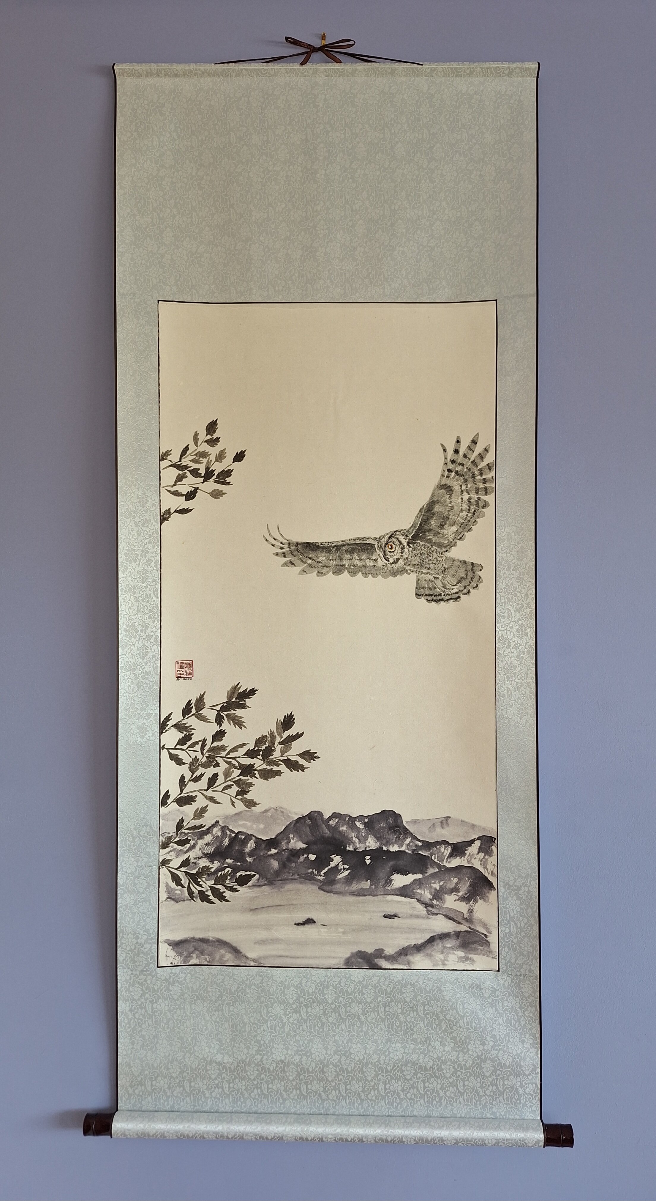 Owl with Celery Top Pine and Cradle Mountain, Tasmania - Silk Scroll