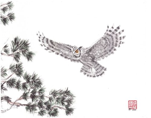 Powerful Owl & Pine by Arlo Mercia, Painting for Sale on Select