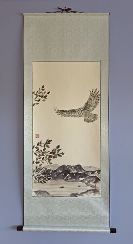 Owl with Celery Top Pine and Cradle Mountain, Tasmania - Silk Scroll by Arlo Mercia, Painting for Sale on Select