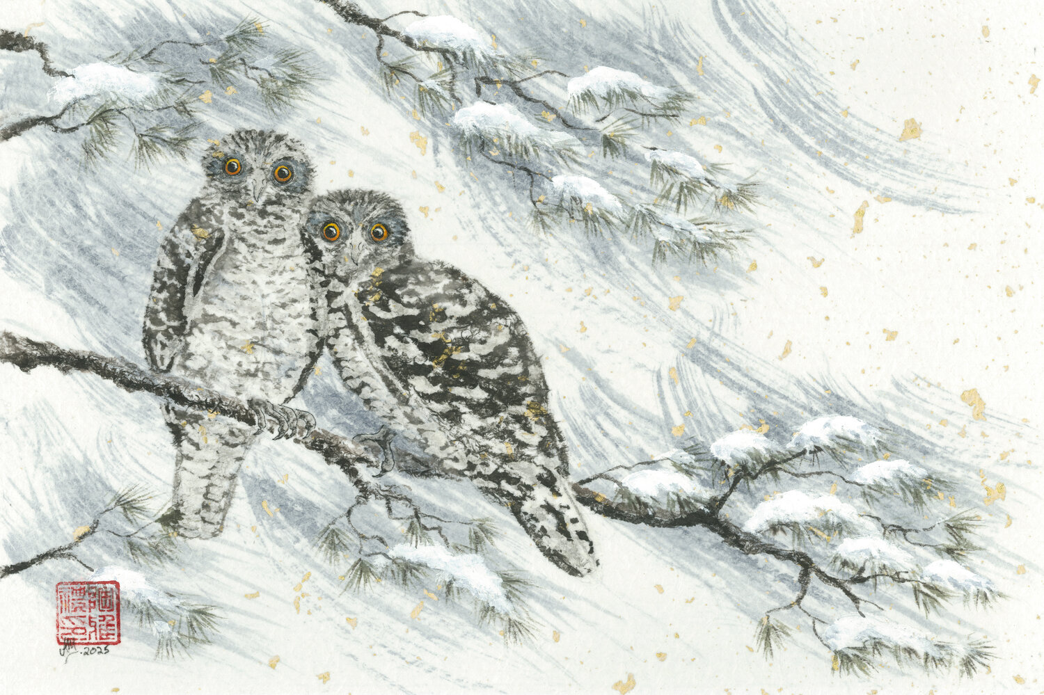 Owls in the Snow Arlo Mercia Original painting for sale
