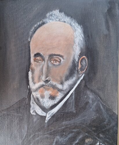 Replik des Portraits von Antonio De Covarrubias Y Leiva, Spanischer Jurist und Humanist. Gemalt von El Greco (Domenikos Theotokopoulos) by Bernd Stephanny, Painting for Sale on Select