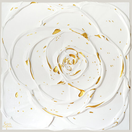 Little White Rose with a Touch of Gold III. (3I25) by Sarah I. Avni, Painting for Sale on Select