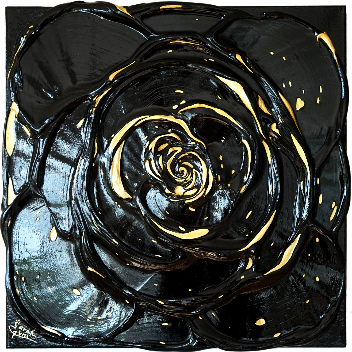 Little Black Rose with a Touch of Gold I. Sarah I. Avni Original painting for sale