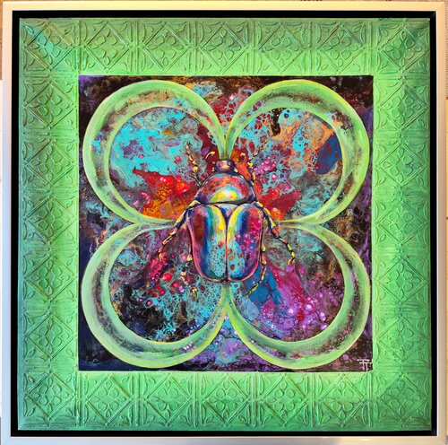 Pink scarab on green by Tatyana Tretyakova, Painting for Sale on Select