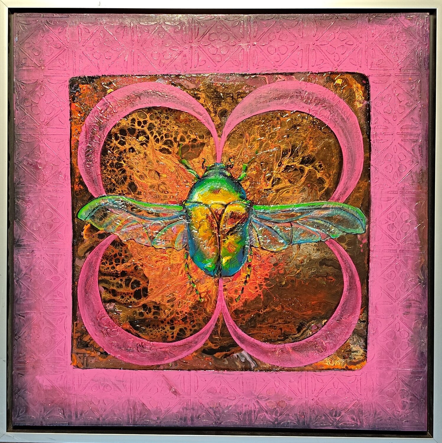 Scarabé vert sur rose Tatyana Tretyakova Original painting for sale
