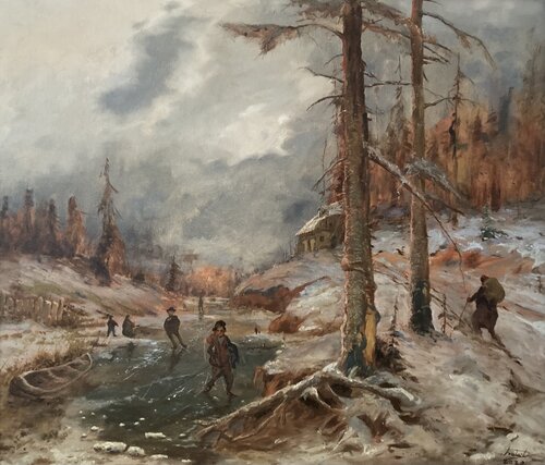 Evening winter view at the frozen lake by Dávid Prokaj, Painting for Sale on Select