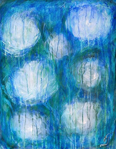 White flowers in the rain by Elena Gerasimova, Painting for Sale on Select