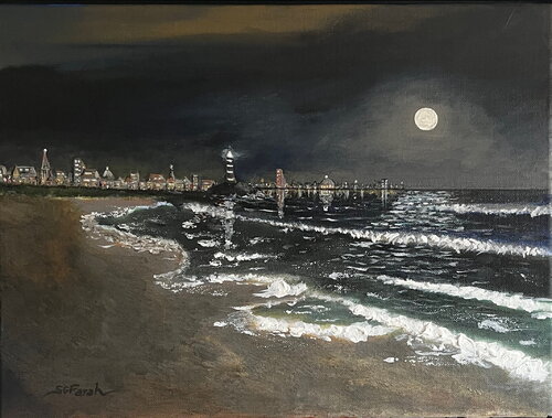 Beach and Urban Skyline Under Full Moon by Samir Farah, Painting for Sale on Select
