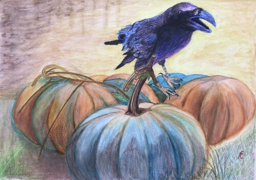 Krähe im Kürbisfeld by Claudia Altemeier, Painting for Sale on Select