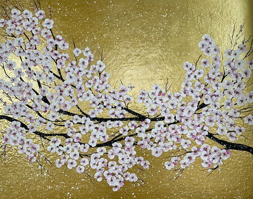 „Sakura Japanese“ XXL Kunstwerk in Gold by Guranda Spillmann, Painting for Sale on Select