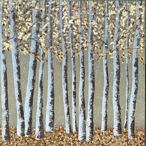 „Grove of Dancing Birches" Extra Large Golden Landscape 120/120/5 by Guranda Spillmann, Painting for Sale on Select
