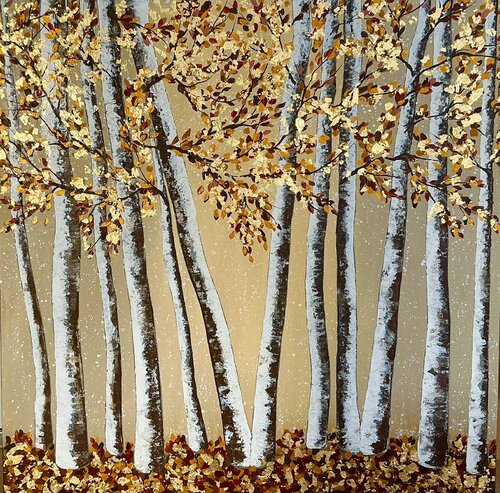 „Golden Forest“ Extra Large Golden Landscape by Guranda Spillmann, Painting for Sale on Select