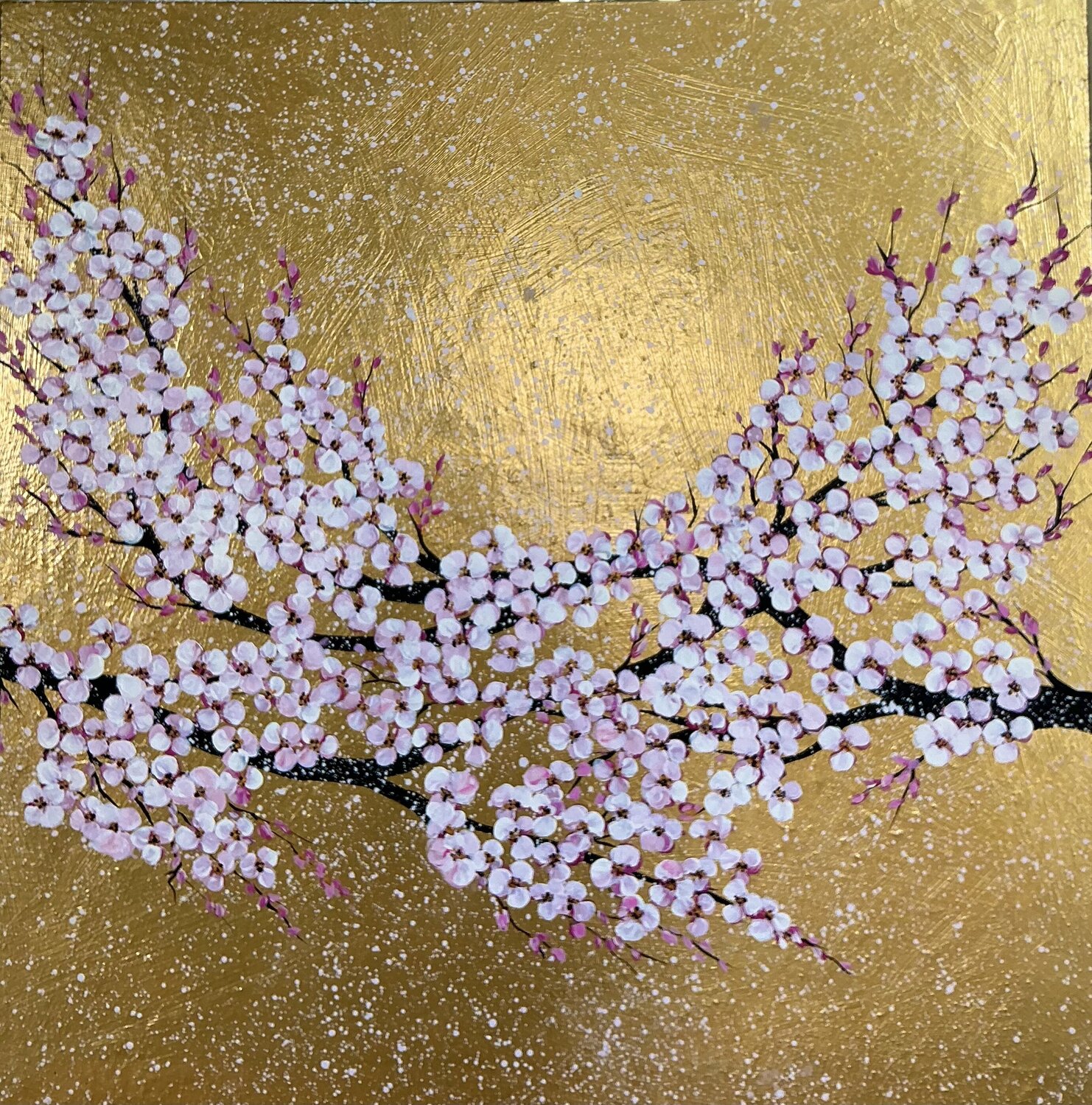 „The First Sakura”  XL Kunst in Gold Guranda Spillmann Original painting for sale