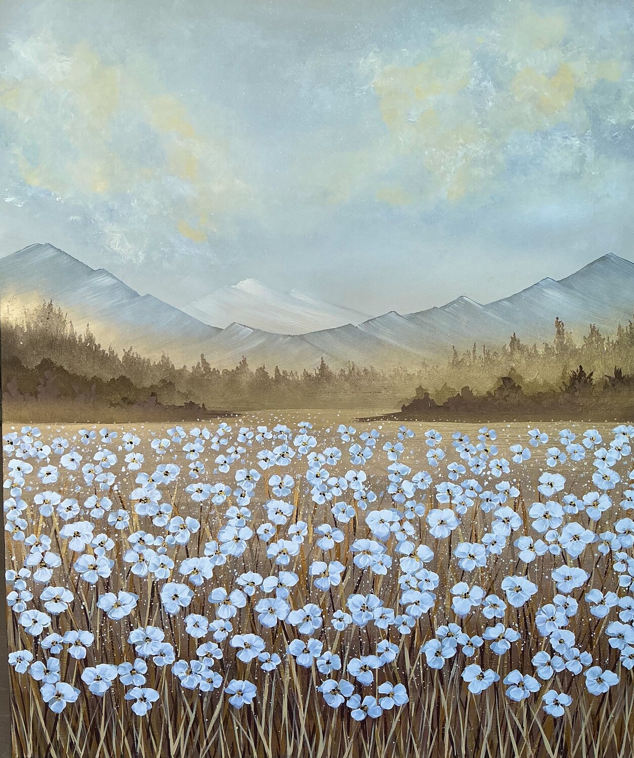 „Rural Scene“  Extra Large Golden Landscape Guranda Spillmann Original painting for sale