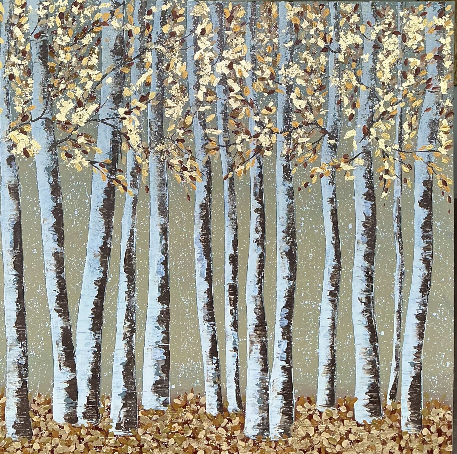 „Grove of Dancing Birches" Extra Large Golden Landscape 120/120/5 Guranda Spillmann Original painting for sale
