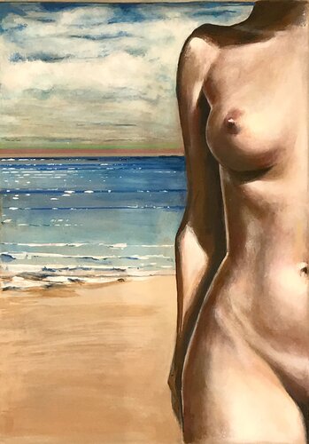 Weiblicher Akt unverhüllt am Strand – Zwischen Sandkorn und Morgenlicht by Michael Rehr-Hoffmann, Painting for Sale on Select