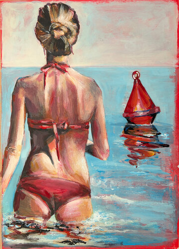 Orientierung in Rot: Badende in einem roten Bikini by Michael Rehr-Hoffmann, Painting for Sale on Select