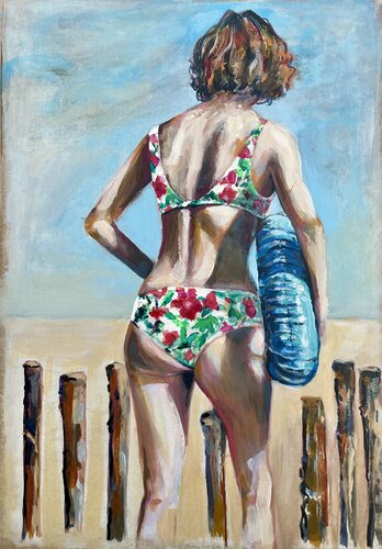 Bunter Bikini, blauer Schwimmring: Strandtag am Meer by Michael Rehr-Hoffmann, Painting for Sale on Select