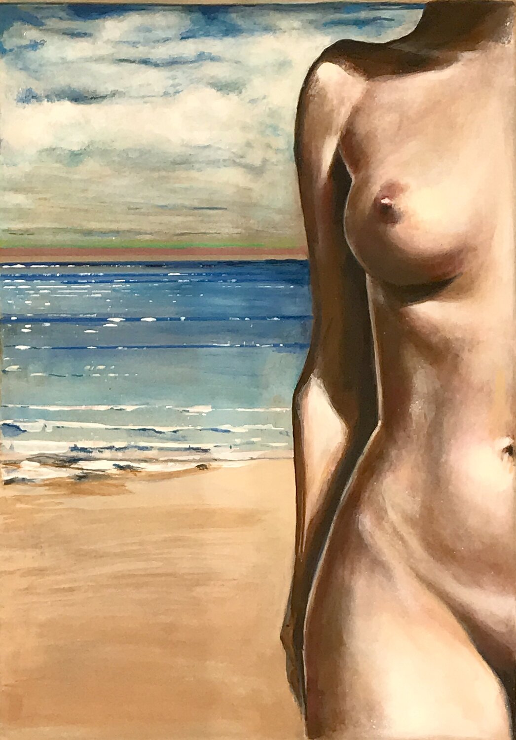 Weiblicher Akt unverhüllt am Strand – Zwischen Sandkorn und Morgenlicht Michael Rehr-Hoffmann Original painting for sale