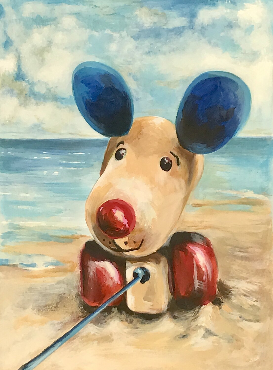 Der Nachziehhund im Küstenwind. Am Strand vergessen. Michael Rehr-Hoffmann Original painting for sale