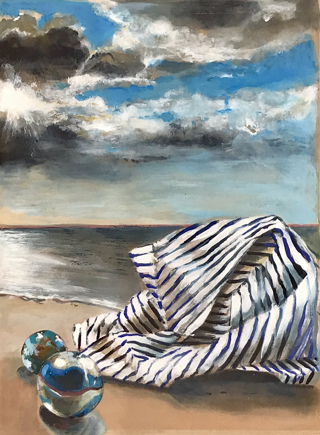 Zwei Murmeln und ein gestreiftes Tuch: Das Flüstern des Meeres Michael Rehr-Hoffmann Original painting for sale