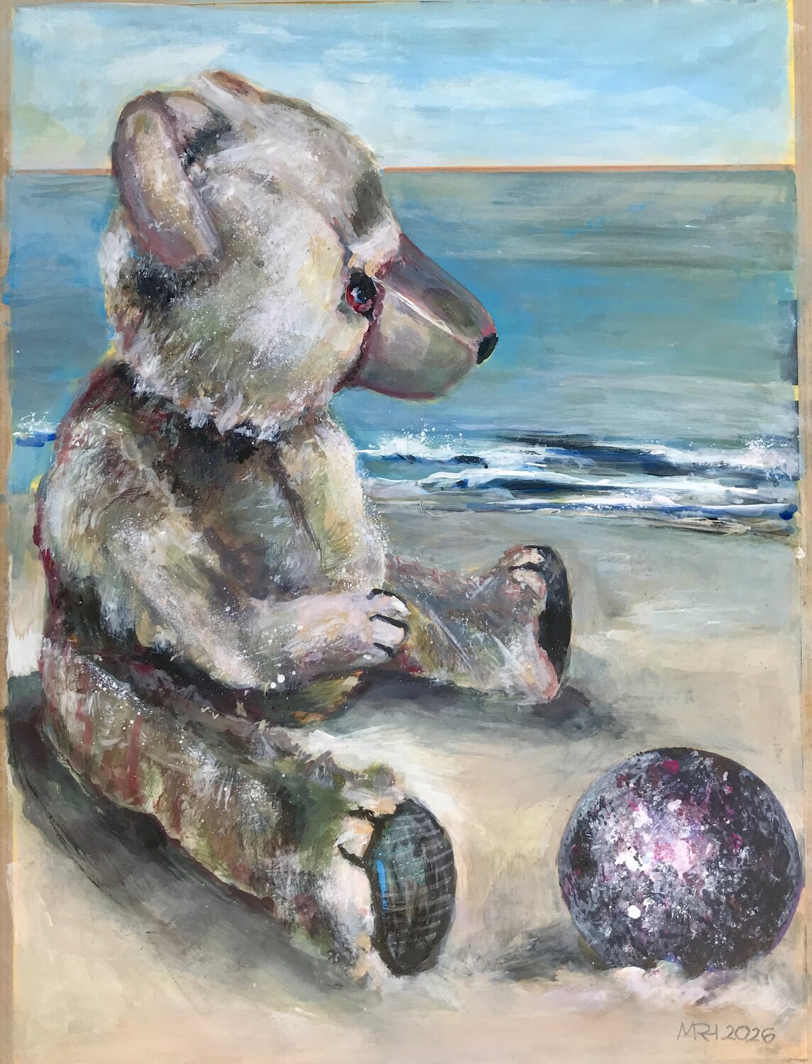 Der stille Strandfreund: Teddy am Strand mit Kugel Michael Rehr-Hoffmann Original painting for sale