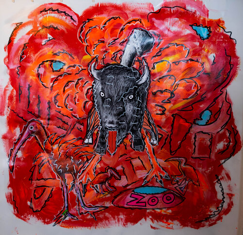 Büffel in red by Thomas Kelm, Painting for Sale on Select