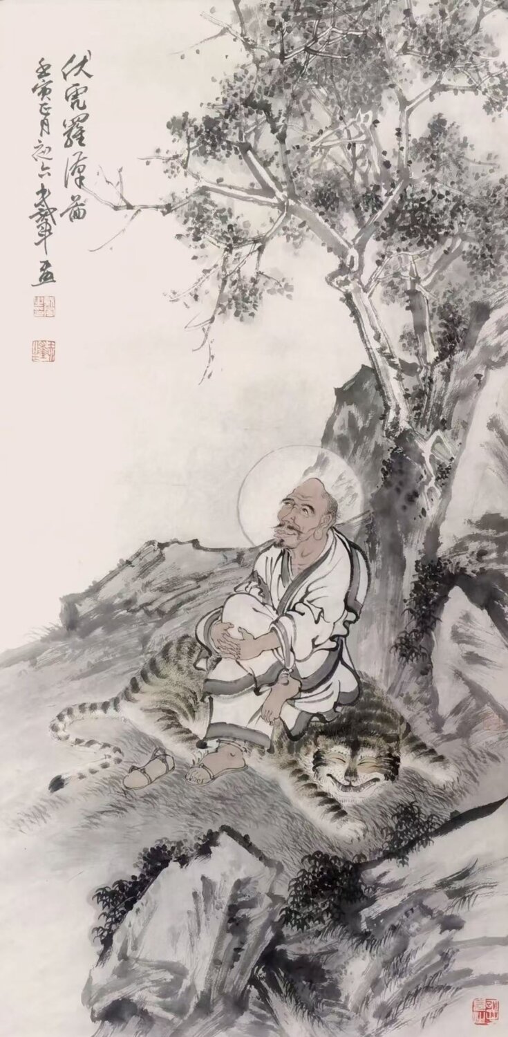 Arhat Subdues the Tiger Nova Shah Original painting for sale
