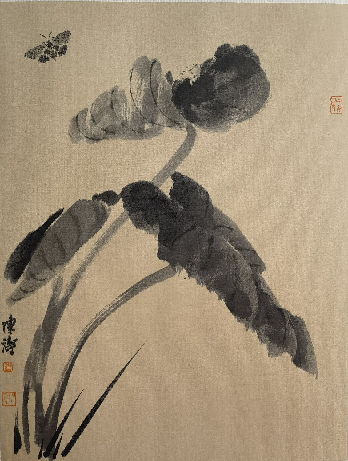 Butterfly & Lotus Leaves, On Silk Nova Shah Original painting for sale