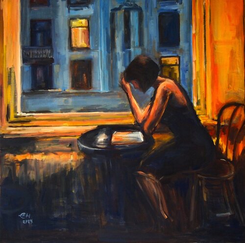 Reading Trough The Night by Ellen Fasthuber-Huemer, Painting for Sale on Select