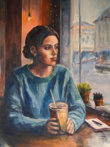 At the Cafe, Autumn Rain by Ellen Fasthuber-Huemer, Painting for Sale on Select