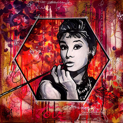 Tableau Audrey Hepburn Fleuri Mauve Rose Street Art Sur Toile by Priscilla Vettese, Painting for Sale on Select