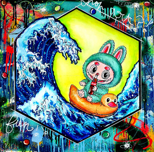 Tableau Pop Art Labubu Kanagawa Coca – Oeuvre Street Art Unique PVettese by Priscilla Vettese, Painting for Sale on Select