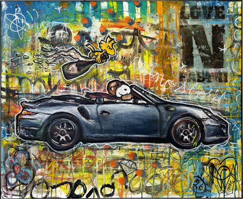 Love n Fast 2 Peinture Snoopy Peanuts Porsche Luxe Pop Street Art by Priscilla Vettese, Painting for Sale on Select
