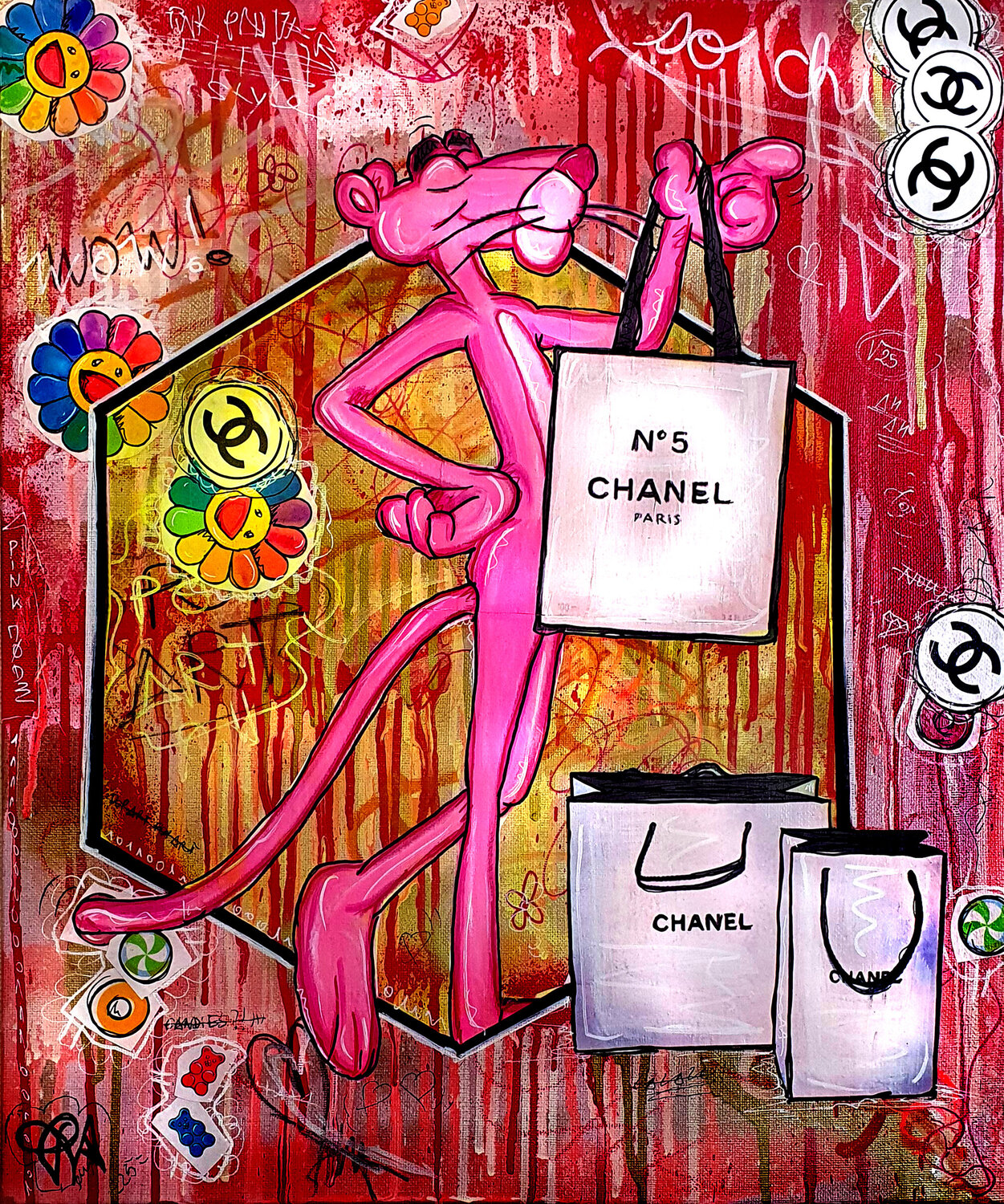 Peinture Pop Art Sur Lin Panthère Rose Chanel Luxe Unique Priscilla Vettese Original painting for sale