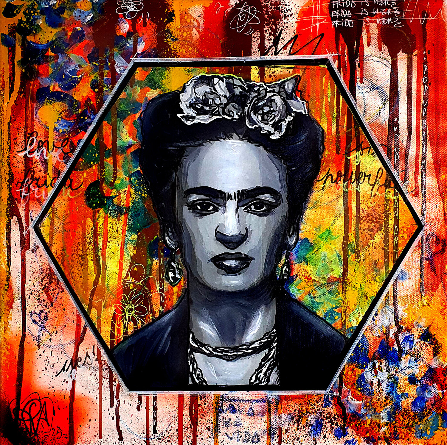 Tableau Frida Kahlo Street Art Fleurs Graffiti Original Sur Toile Priscilla Vettese Original painting for sale