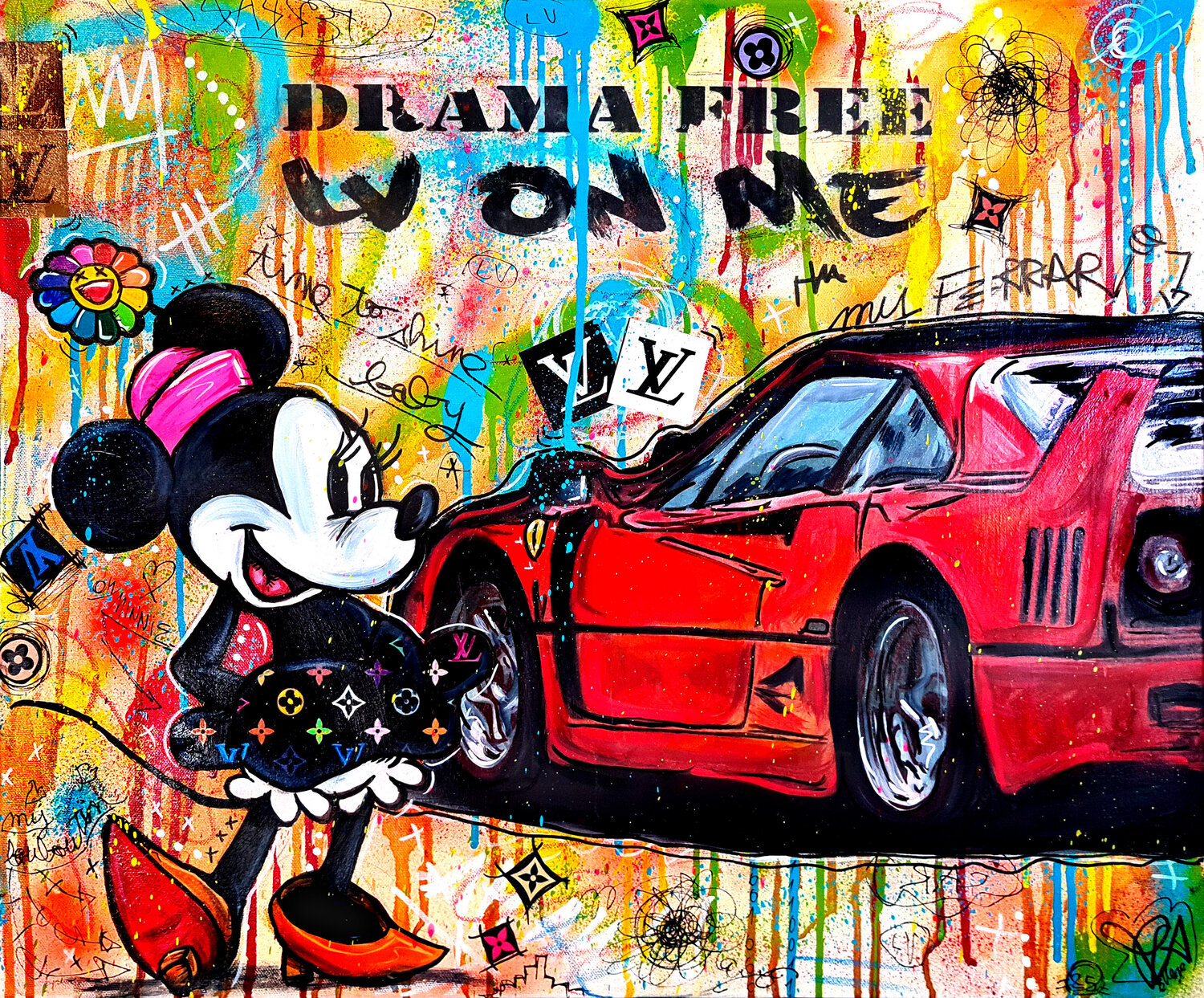 Pop Minnie Loubou LV Ferrari - Tableau Disney Street Art Luxe Louboutin Sur Toile Priscilla Vettese Original painting for sale