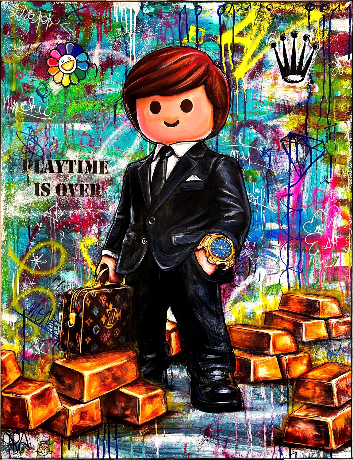 Pop Playmobil Rich ? Œuvre Pop Art et Street Art contemporain Priscilla Vettese Original painting for sale