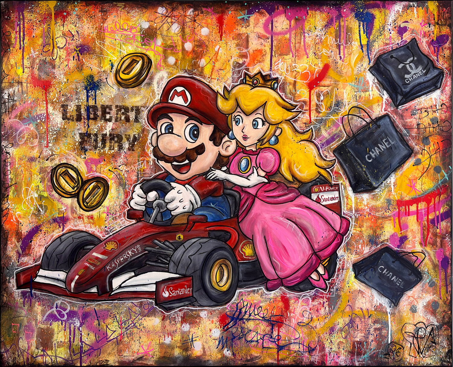 Tableau Pop Art Street Art Mario Peach Formule Un Unique Priscilla Vettese Original painting for sale