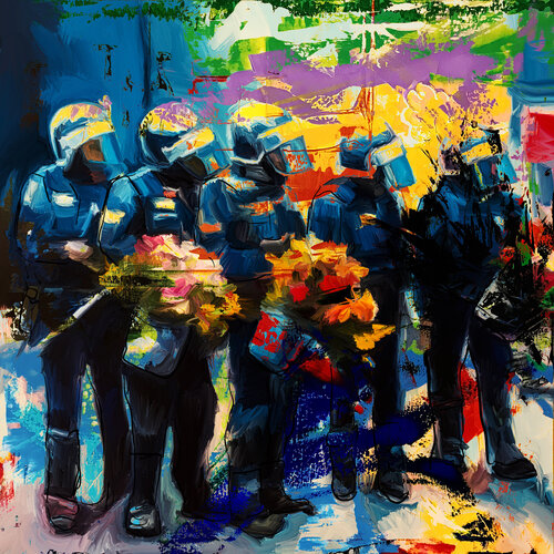 Blumenpolizei by Holger Mühlbauer-Gardemin, Painting for Sale on Select