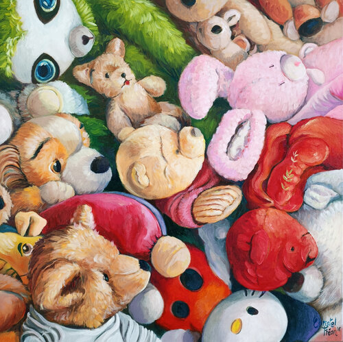 3 ours et 1 lapin rose by Christel Fréon, Painting for Sale on Select