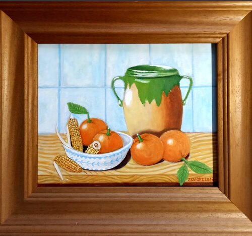 Bodegón naranjas y maíz. by José Báidez González, Painting for Sale on Select